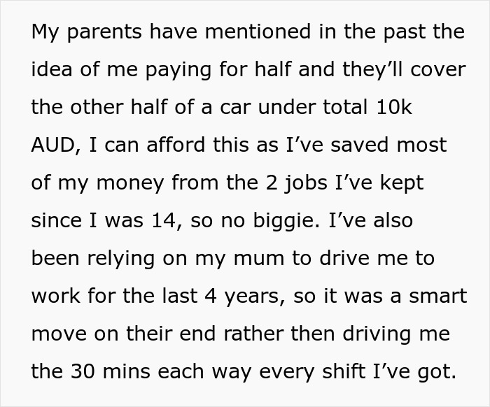 Text post describing a teenager explaining how parents offered to pay half for a car after saving from jobs since age 14.