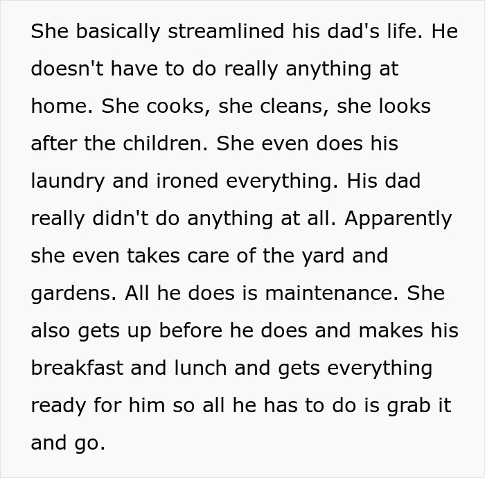 Text describing a mother managing all household chores and family expectations while the boyfriend’s dad does minimal work. Text describing a mother managing all household chores and family expectations while the boyfriend’s dad does minimal work.