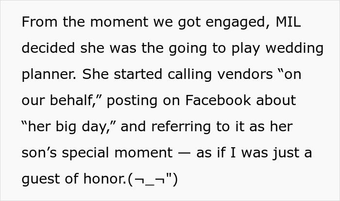 Text excerpt describing a MIL trying to be the center of attention during a wedding and interfering with planning. Text excerpt describing a MIL trying to be the center of attention during a wedding and interfering with planning.