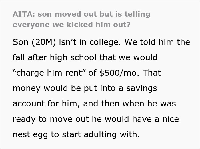 Text post about a 20-year-old mooching off parents who kick him out after he steals $3K from them. Text post about a 20-year-old mooching off parents who kick him out after he steals $3K from them.