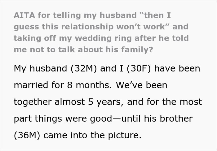 Text excerpt about wife taking off wedding ring after family sides with creepy brother-in-law, causing relationship issues. Text excerpt about wife taking off wedding ring after family sides with creepy brother-in-law, causing relationship issues.