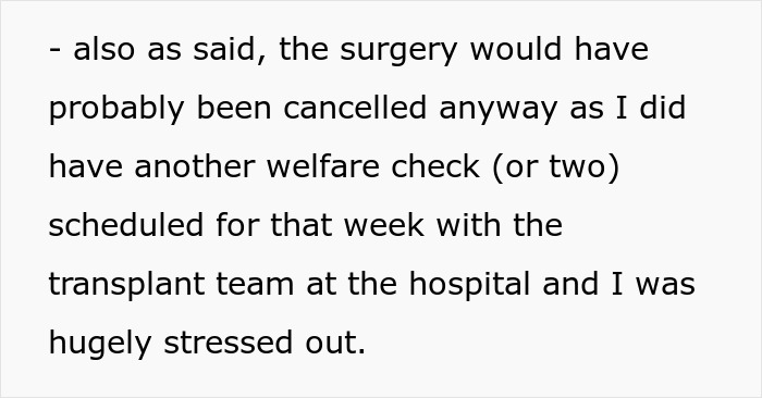 Text excerpt discussing surgery cancellation and stress related to refusing donate liver lawsuit and transplant team.