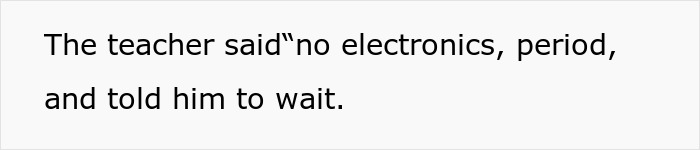 Text on a white background stating that the math teacher banned a diabetic kid from checking glucose and told him to wait.