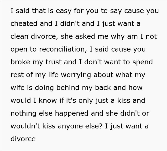 Text message discussing a husband seeking divorce over wife&rsquo;s kiss and family lashing out against him for mistrust.