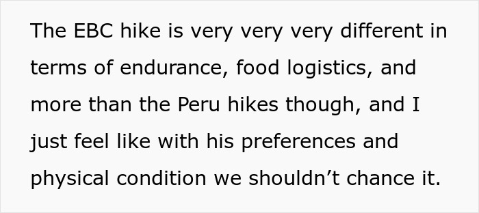Text about the EBC hike discussion highlighting endurance, logistics, and physical condition concerns related to the anniversary trip surprise. Text about the EBC hike discussion highlighting endurance, logistics, and physical condition concerns related to the anniversary trip surprise.