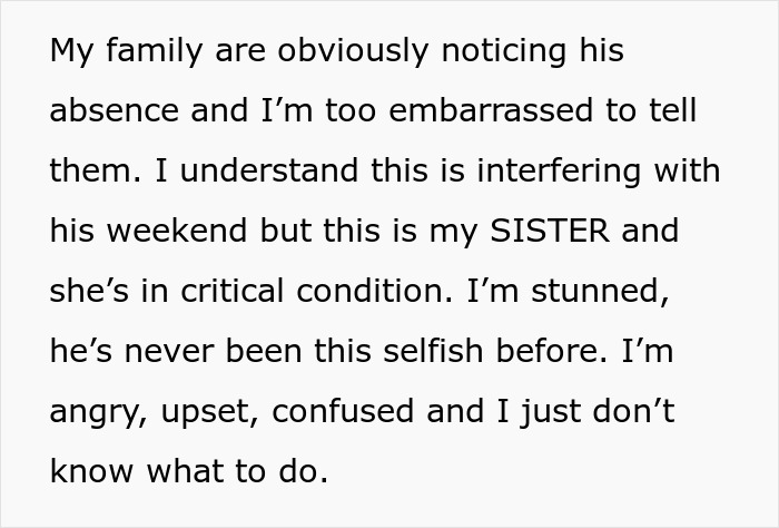 Text message expressing frustration over a guy using a boys trip as a disguise for his affair and ignoring a family emergency. Text message expressing frustration over a guy using a boys trip as a disguise for his affair and ignoring a family emergency.