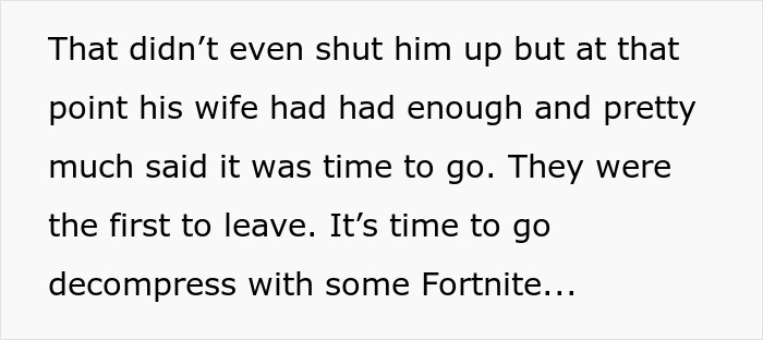 Text excerpt about an obnoxious dinner guest husband whose dreadful behavior leads his wife to ask him to leave early. Text excerpt about an obnoxious dinner guest husband whose dreadful behavior leads his wife to ask him to leave early.
