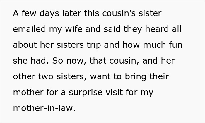 Text excerpt about wife’s distant relatives planning a surprise visit, highlighting husband’s frustration hosting them. Text excerpt about wife’s distant relatives planning a surprise visit, highlighting husband’s frustration hosting them.