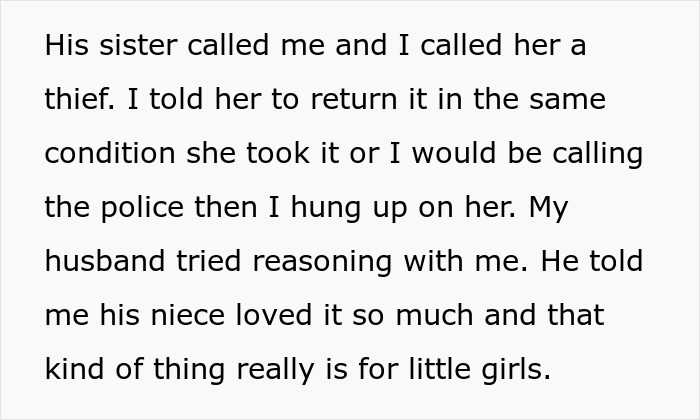 Text excerpt showing a heated family argument about a stolen tea set given to a niece, causing marriage issues. Text excerpt showing a heated family argument about a stolen tea set given to a niece, causing marriage issues.