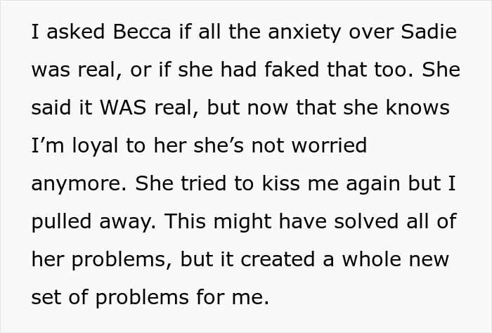 Text excerpt from a man rethinking relationship after his girlfriend’s loyalty test reveals new trust and problems.