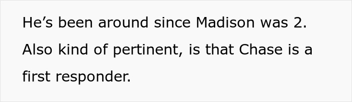 Text showing a sister revealed dead brother lie, mentioning Chase as a first responder and his connection to Madison since age 2.