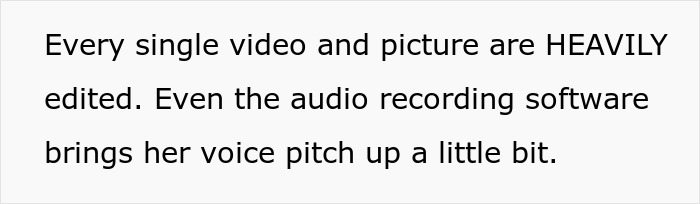 Text describing heavy editing of videos and pictures with voice pitch altered for a gym influencer lying online issue. Text describing heavy editing of videos and pictures with voice pitch altered for a gym influencer lying online issue.