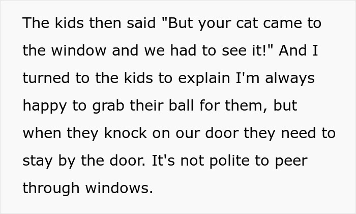Text excerpt showing a woman explaining to kids that peeking through windows is impolite and respecting privacy is important. Text excerpt showing a woman explaining to kids that peeking through windows is impolite and respecting privacy is important.