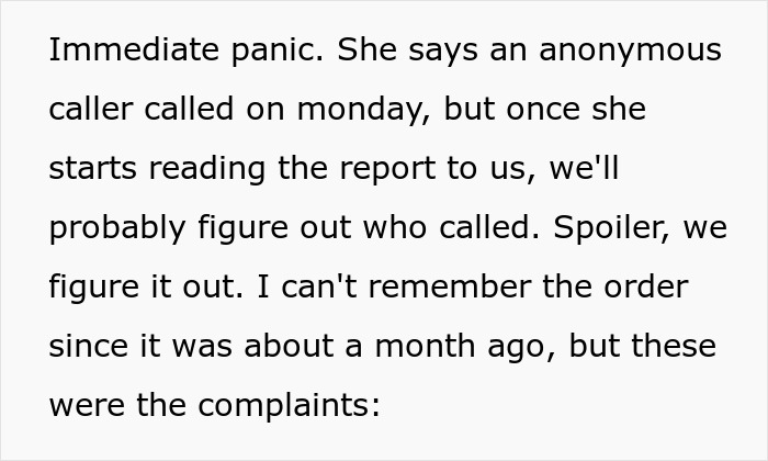 Text excerpt showing anonymous caller complaints in a report, highlighting couple banning toxic in-laws from newborn visits. Text excerpt showing anonymous caller complaints in a report, highlighting couple banning toxic in-laws from newborn visits.