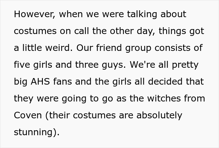 Text excerpt discussing discomfort with Halloween costumes and fragility in masculinity within a friend group setting. Text excerpt discussing discomfort with Halloween costumes and fragility in masculinity within a friend group setting.