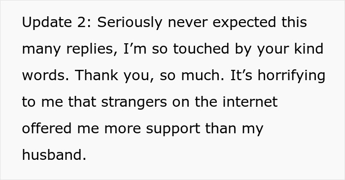 Text message expressing surprise at support from strangers online after husband refuses to come home during family emergency. Text message expressing surprise at support from strangers online after husband refuses to come home during family emergency.