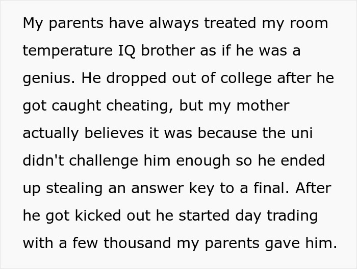 Text describing a sibling seen as a golden child who lost parents’ money through crypto and day trading. Text describing a sibling seen as a golden child who lost parents’ money through crypto and day trading.