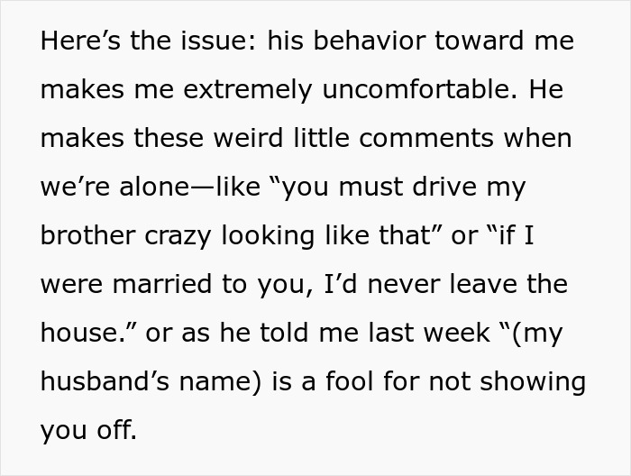 Text describing uncomfortable behavior from creepy BIL leading wife to consider removing her wedding ring. Text describing uncomfortable behavior from creepy BIL leading wife to consider removing her wedding ring.