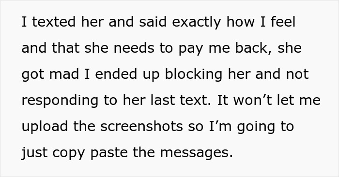 Text message conversation about a woman realizing she got duped by a friend who forgot her wallet and didn’t say thank you.
