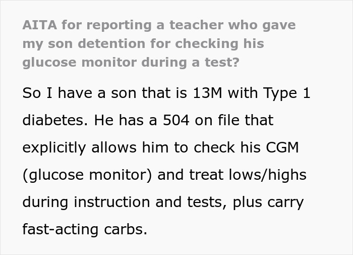 Text post about a diabetic kid with a 504 plan banned by math teacher from checking glucose during a test.