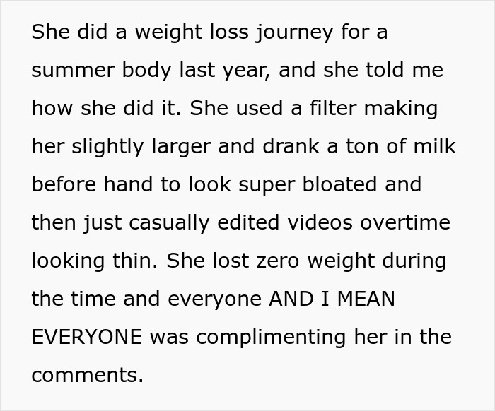 Text discussing a gym influencer lying about weight loss journey using filters and video edits, upsetting her boyfriend. Text discussing a gym influencer lying about weight loss journey using filters and video edits, upsetting her boyfriend.