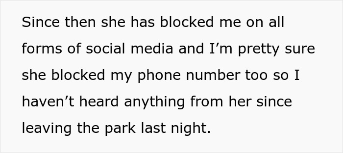 Text excerpt showing a person explaining being blocked on social media after dating drama involving secret pictures. Text excerpt showing a person explaining being blocked on social media after dating drama involving secret pictures.