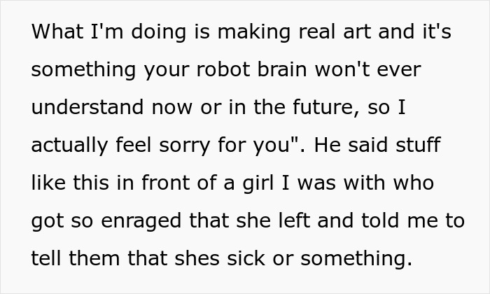 Text excerpt illustrating an annoying toxic friend photographer making harsh, pretentious remarks in a social setting.