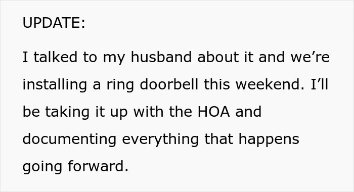 Update text about installing a ring doorbell and documenting neighbor threats over Halloween decor dispute.