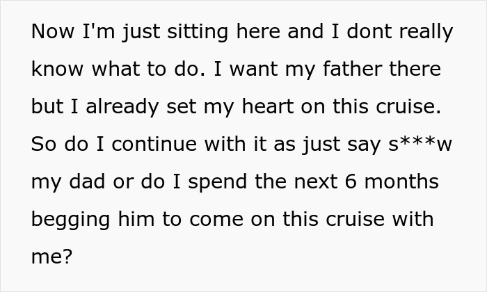 Bride&rsquo;s father refuses to attend wedding because it&rsquo;s not on American soil, causing family conflict over cruise plans.