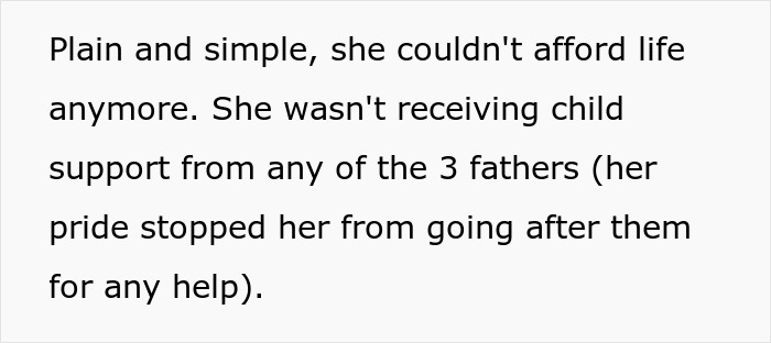 Text excerpt about a woman unable to afford life due to lack of child support from three fathers. Text excerpt about a woman unable to afford life due to lack of child support from three fathers.