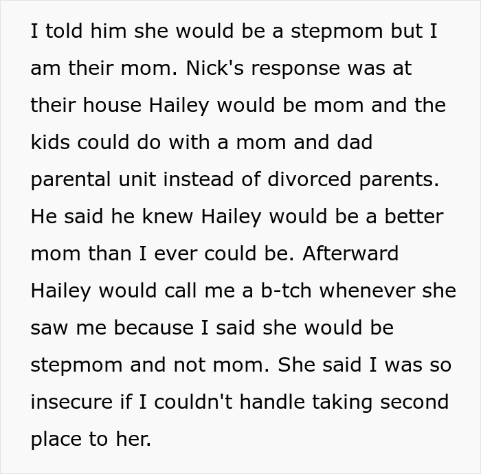 Text discussing kids preferring biological mom over stepmom and tensions between dad and infertile wife.