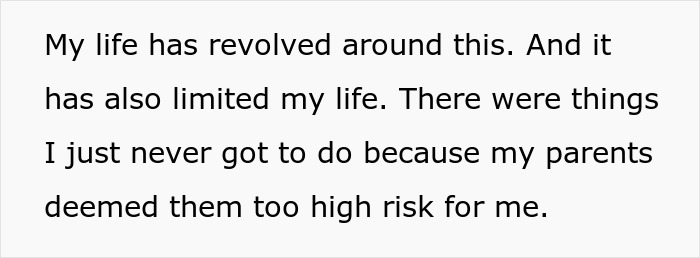 Text excerpt discussing limitations faced by a disabled son due to parental decisions and care responsibilities. Text excerpt discussing limitations faced by a disabled son due to parental decisions and care responsibilities.