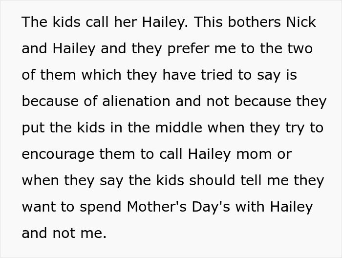 Text excerpt about kids preferring bio mom over stepmom causing conflict with dad wanting to erase ex for infertile wife.