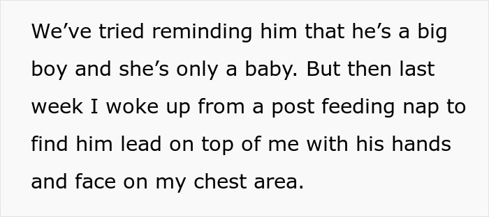 Text describing concerning behavior of 11-year-old acting beyond creepy around newborn stepsister with parents refusing help.