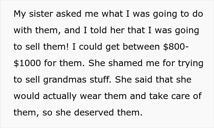 Text about woman planning to sell grandma’s leather shoes and sister wearing them instead, sparking conflict. Text about woman planning to sell grandma’s leather shoes and sister wearing them instead, sparking conflict.