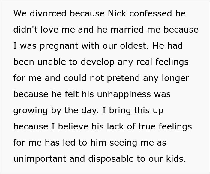 Text excerpt about divorce and kids preferring bio mom over stepmom, highlighting familial tensions and emotional struggles.