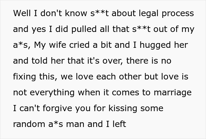 Text excerpt showing a husband explaining he left after his wife kissed another man, highlighting family conflict over the kiss.