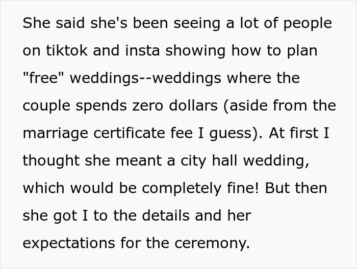 Bride plans elaborate wedding without spending a cent, faces reality check on costs and expectations for the ceremony. Bride plans elaborate wedding without spending a cent, faces reality check on costs and expectations for the ceremony.