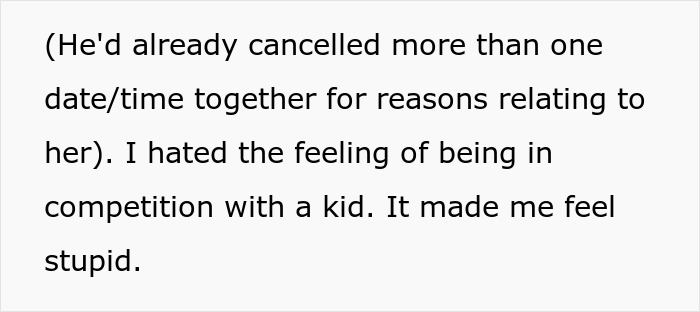Text excerpt about a lady feeling upset and competing with a fiancé's kid, reflecting dating challenges with men who have children. Text excerpt about a lady feeling upset and competing with a fiancé's kid, reflecting dating challenges with men who have children.
