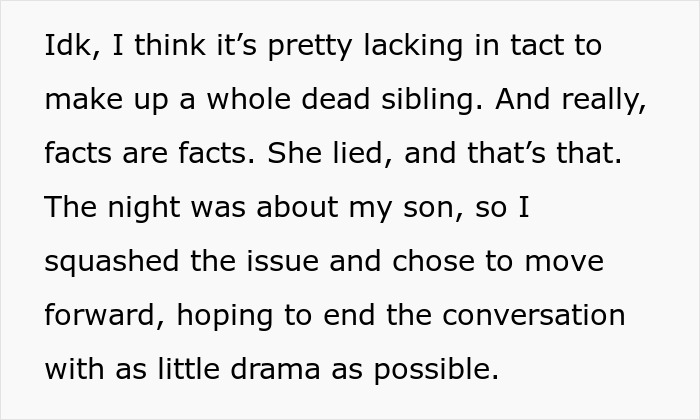 Text discussing a sister revealing a dead brother lie, focusing on facts and avoiding drama in the situation.