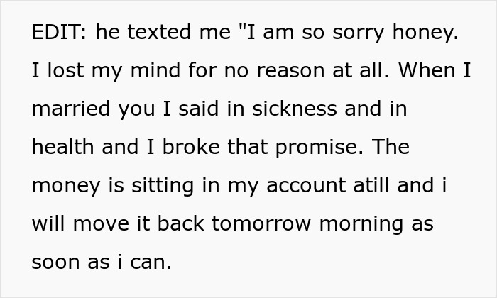 Text excerpt showing a husband apologizing for taking savings related to a womanâs dream of having tummy tuck. Text excerpt showing a husband apologizing for taking savings related to a womanâs dream of having tummy tuck.