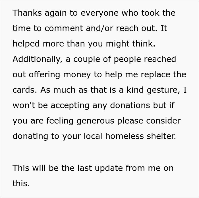 Text message thanking supporters after wife disposed of husband's Pokémon card collection, addressing donations and final update. Text message thanking supporters after wife disposed of husband's Pokémon card collection, addressing donations and final update.
