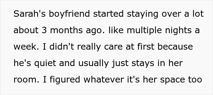 Text excerpt describing a woman horrified after seeing roommate’s boyfriend using her fancy products and refusing to let him stay. Text excerpt describing a woman horrified after seeing roommate’s boyfriend using her fancy products and refusing to let him stay.
