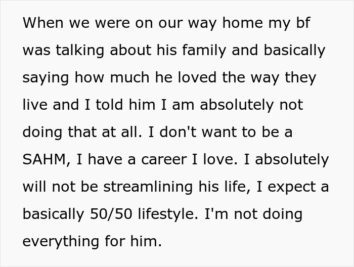 Text excerpt discussing boyfriend's family expectations and refusal to conform to traditional roles or streamline his life.