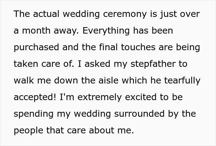 Text about wedding preparations and stepfather walking bride down the aisle, related to bride&rsquo;s father refusing wedding off American soil.