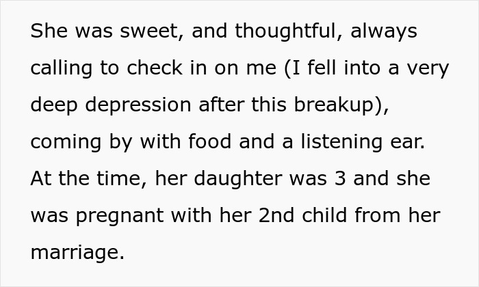 Text excerpt about a woman reflecting on friendship and support during depression with a mother of two children. Text excerpt about a woman reflecting on friendship and support during depression with a mother of two children.