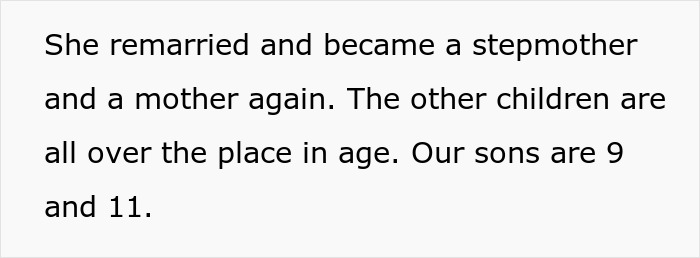 Text excerpt about remarriage and children, highlighting blended family dynamics and sons aged 9 and 11. Text excerpt about remarriage and children, highlighting blended family dynamics and sons aged 9 and 11.