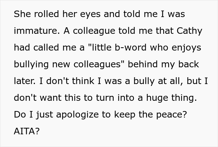 Text about a woman embarrassing a new colleague by speaking to her in a language she claimed to know well. Text about a woman embarrassing a new colleague by speaking to her in a language she claimed to know well.