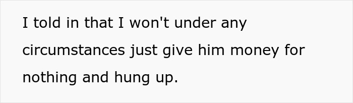 Text excerpt showing refusal to give money for nothing, related to a 23-year-old demanding allowance from rich golden child.