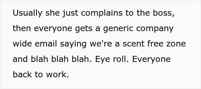 Text about coworker sensitive smells causing workplace complaints and generic scent-free zone emails after washing hands.